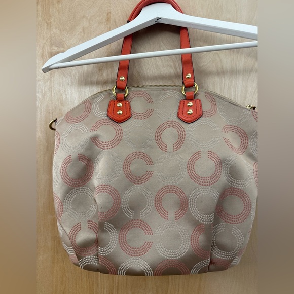 Coach Ashley Peach Khaki Dotted Op Art Signature Satchel. - Picture 6 of 16